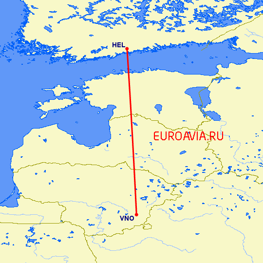 перелет Вильнюс — Хельсинки на карте