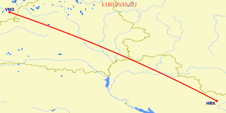 перелет Вильнюс — Харьков на карте