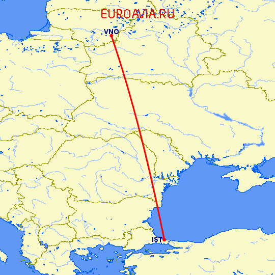 перелет Вильнюс — Стамбул на карте