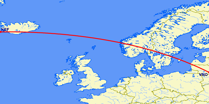 перелет Вильнюс — Рейкьявик на карте