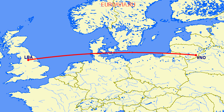 перелет Вильнюс — Лидс на карте