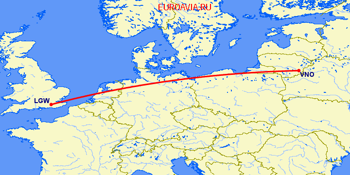перелет Вильнюс — Лондон на карте