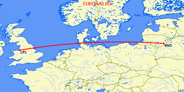 перелет Вильнюс — Ливерпуль на карте