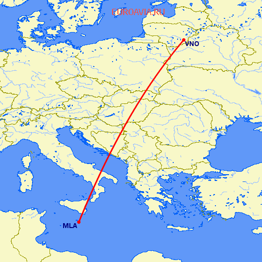 перелет Вильнюс — Мальта на карте