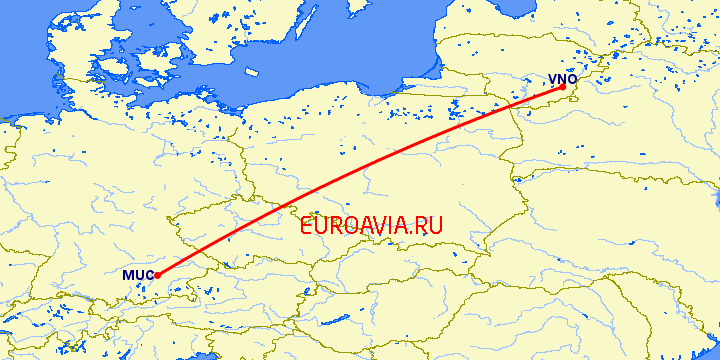 перелет Вильнюс — Мюнхен на карте