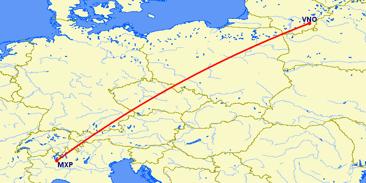 перелет Вильнюс — Милан на карте