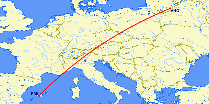 перелет Вильнюс — Пальма де Майорка на карте