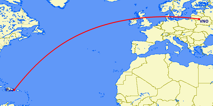 перелет Вильнюс — Пунта Кана на карте
