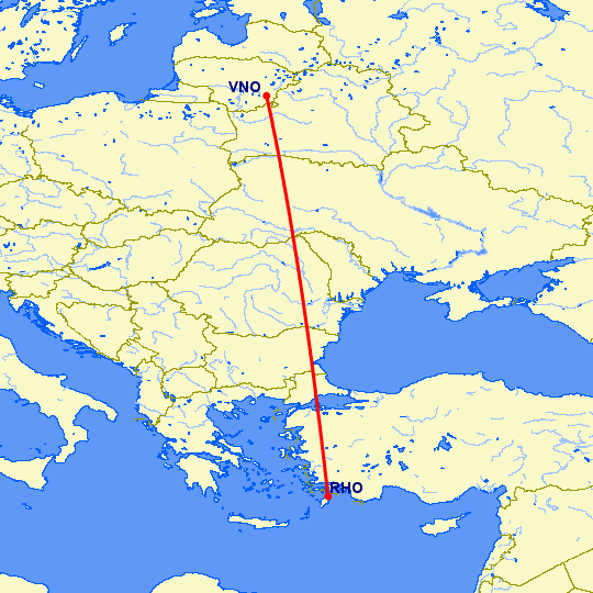 перелет Вильнюс — Родос на карте