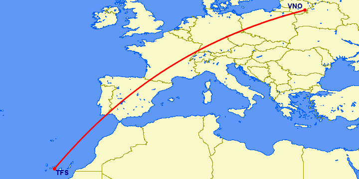 перелет Вильнюс — Тенерифе на карте