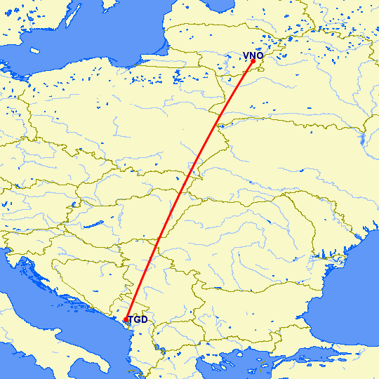 перелет Вильнюс — Подгорица на карте