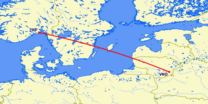 перелет Вильнюс — Осло Торп на карте