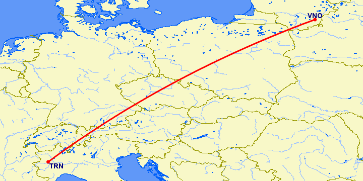 перелет Вильнюс — Турин на карте