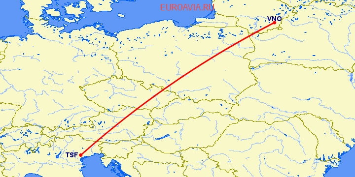 перелет Вильнюс — Тревисо на карте
