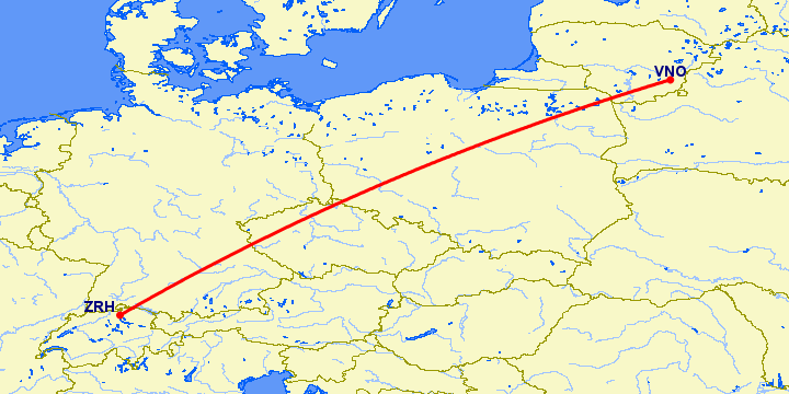 перелет Вильнюс — Цюрих на карте
