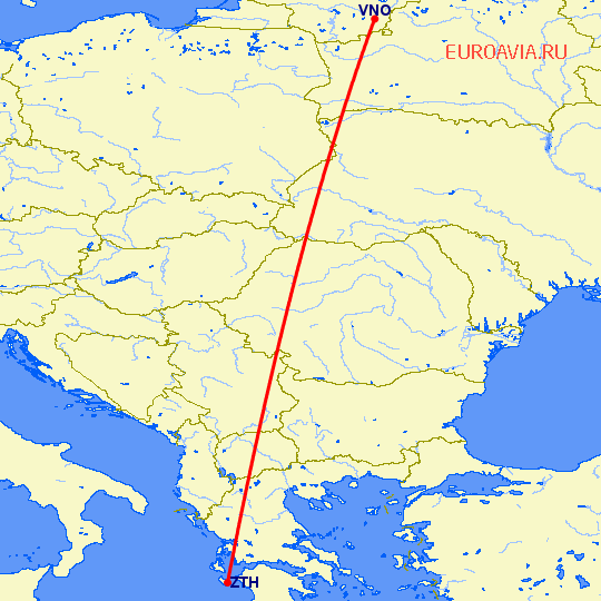 перелет Вильнюс — Закинтос на карте