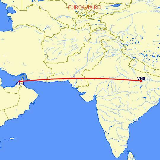 перелет Варанаси — Шарджа на карте