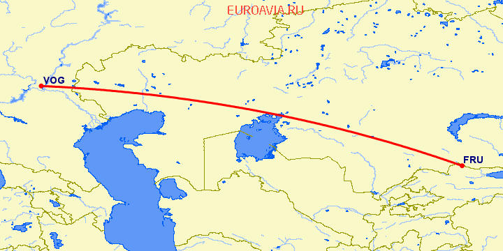 перелет Волгоград — Бишкек на карте