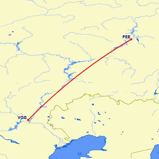 перелет Волгоград — Пермь на карте