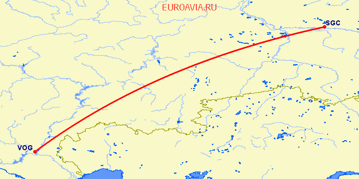 перелет Волгоград — Сургут на карте