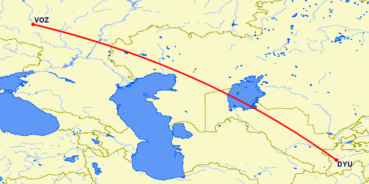 перелет Воронеж — Душанбе на карте