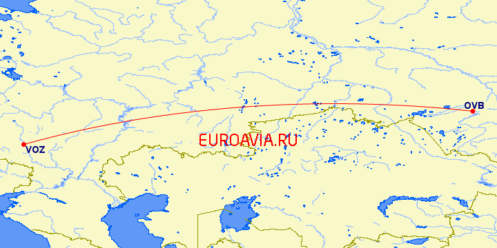 перелет Воронеж — Новосибирск на карте