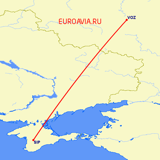 перелет Воронеж — Симферополь на карте