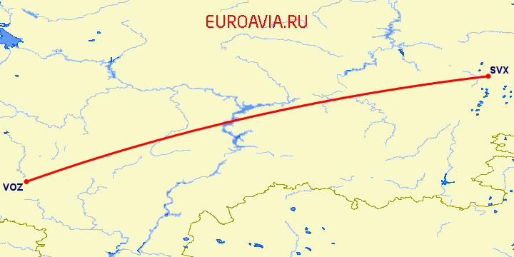 перелет Воронеж — Екатеринбург на карте