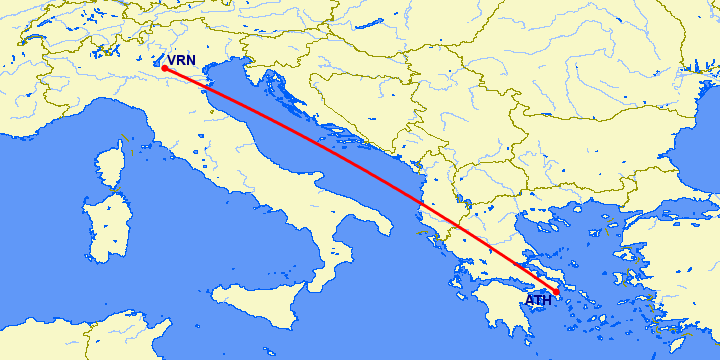 перелет Верона — Афины на карте