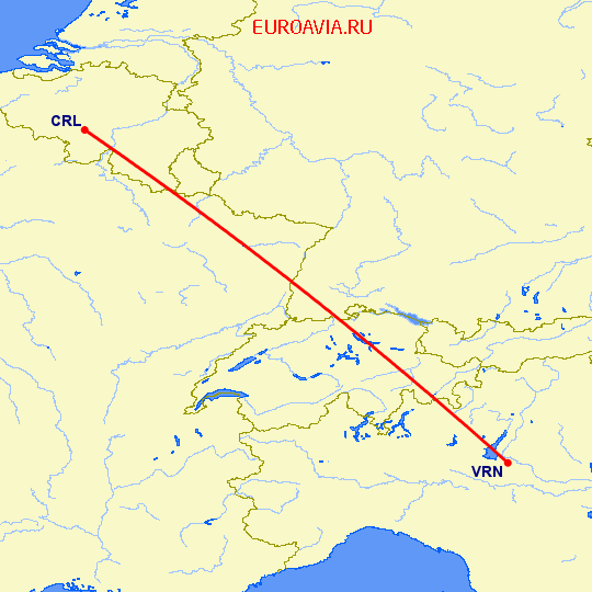 перелет Верона — Шарлеруа на карте