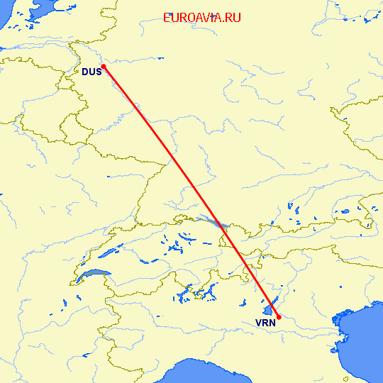 перелет Верона — Дюссельдорф на карте