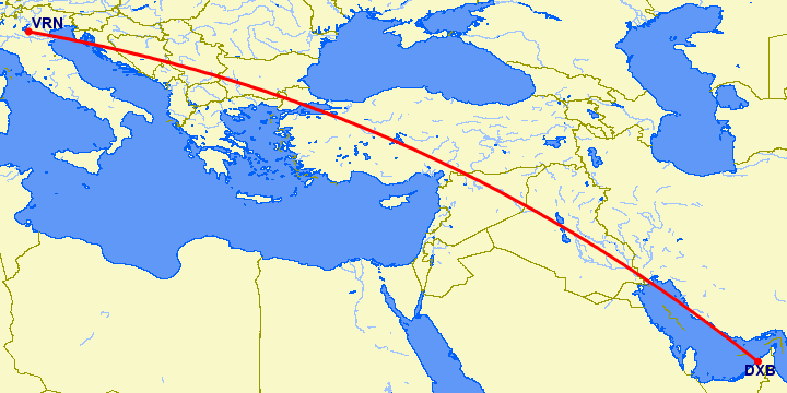 перелет Верона — Дубай на карте