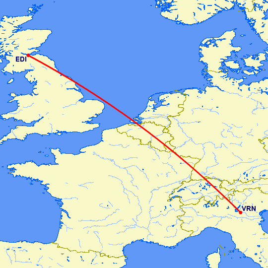 перелет Верона — Эдинбург на карте
