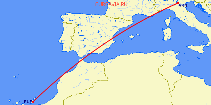 перелет Верона — Пуэрто дель Росарио на карте