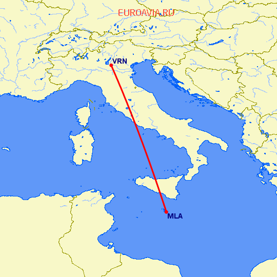 перелет Верона — Мальта на карте