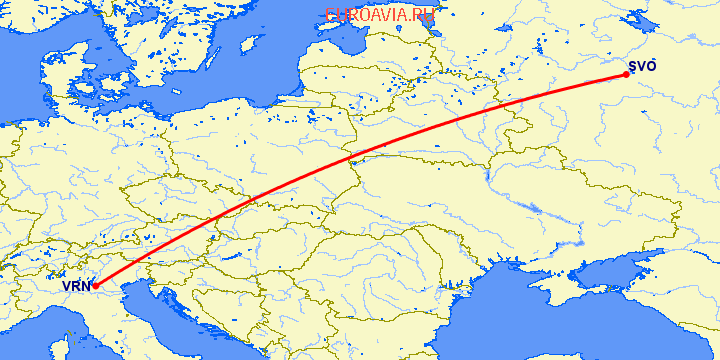 перелет Верона — Москва на карте