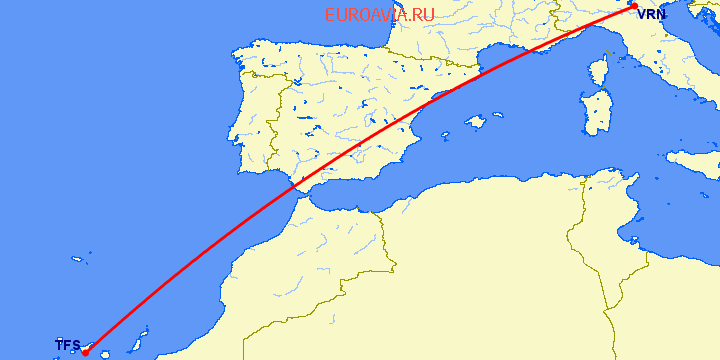 перелет Верона — Тенерифе на карте