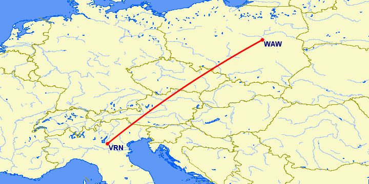 перелет Верона — Варшава на карте