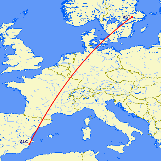 перелет Стокгольм — Аликанте на карте