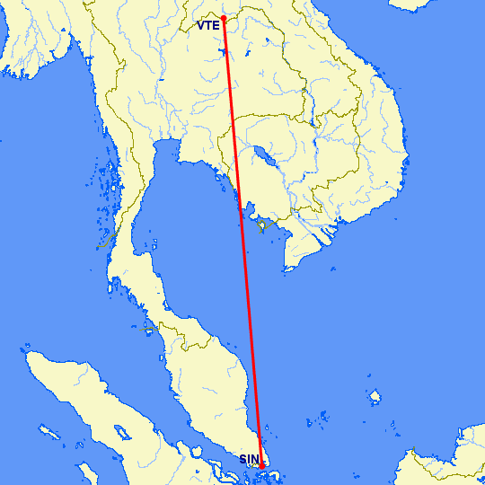 перелет Вьентьян — Сингапур на карте