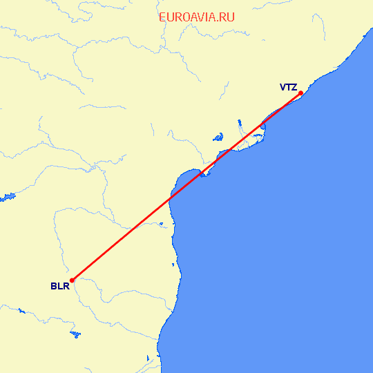 перелет Вишакхапатнам — Бангалор на карте