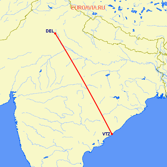 перелет Вишакхапатнам — Нью Дели на карте