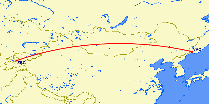 перелет Владивосток — Фергана на карте