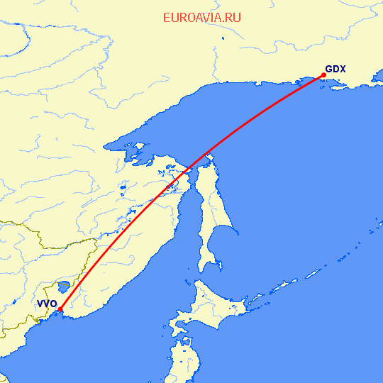 перелет Владивосток — Магадан на карте
