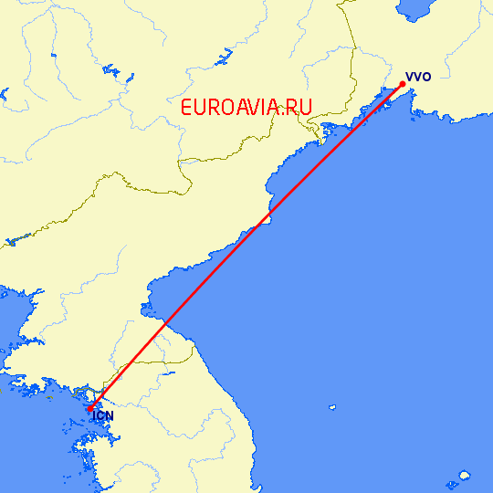 перелет Владивосток — Сеул на карте