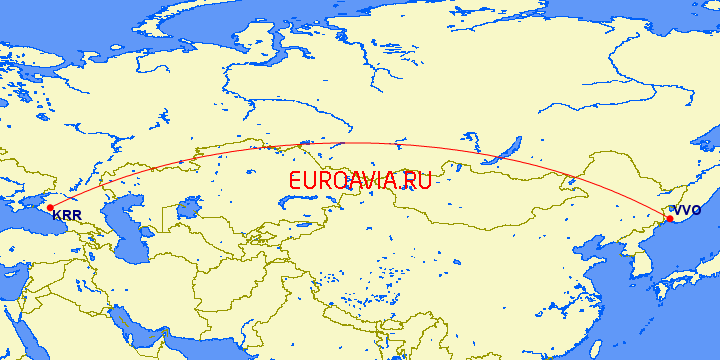 перелет Владивосток — Краснодар на карте