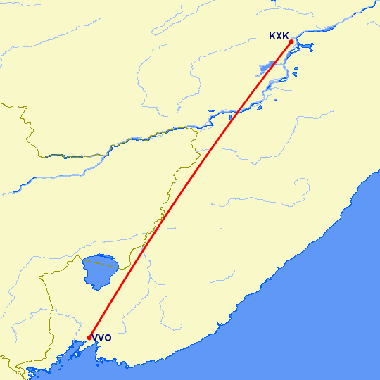 перелет Владивосток — Комсомольск на Амуре на карте