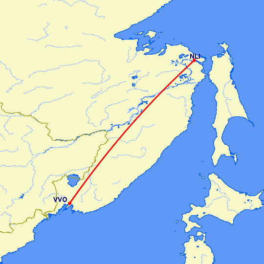 перелет Владивосток — Николаевск на Амуре на карте