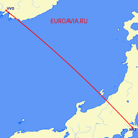 перелет Владивосток — Токио на карте