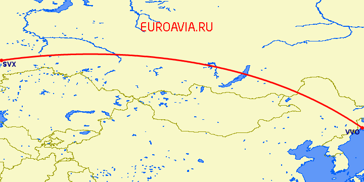 перелет Владивосток — Екатеринбург на карте